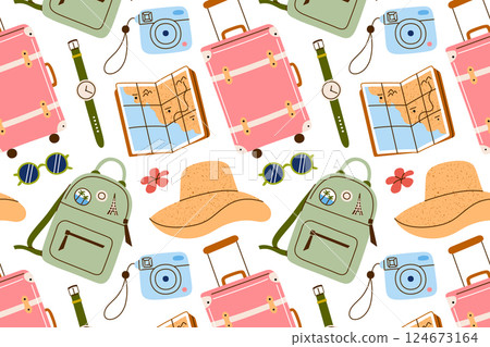 Pattern with cute travel doodles for women. Vector illustrations of straw hat, vintage suitcase, sunglasses, instant camera, stylish accessories. Background for summer vacations, solo trips, packing 124673164