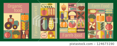 Collection of farm food and farmers market. Set Farm Food and Organic Market Posters. Minimal abstract elements in Bauhaus style. Collection of farm food and farmers market. Set Farm Food and Organic Market Posters. Minimal abstract elements in Bauhaus style. 124673190