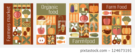 Collection of farm food and farmers market. Set Farm Food and Organic Market Posters. Minimal abstract elements in Bauhaus style. Collection of farm food and farmers market. Set Farm Food and Organic Market Posters. Minimal abstract elements in Bauhaus style. 124673191