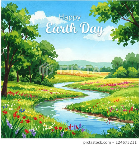 Earth Day Landscape with River and Wildflowers 124673211