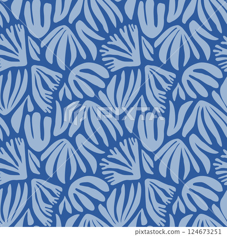 Seaweed silhouette seamless pattern. Hand drawn doodle illustration. Underwater sea life summer holiday. Blue seaweed, algae design element set 124673251
