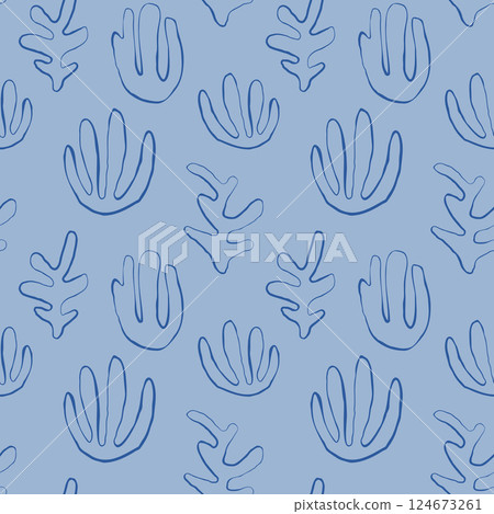 Seaweed silhouette seamless pattern on white background. Hand drawn doodle illustration. Underwater sea life summer holiday. Blue seaweed, algae design element set 124673261