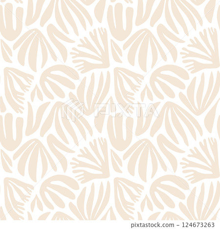 Seaweed silhouette seamless pattern. Hand drawn doodle illustration. Underwater sea life summer holiday. Beige sandy seaweed, algae design element set 124673263