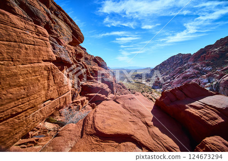 Desert Red Rock Formations and Vast Plains Daytime Perspective Desert Red Rock Formations and Vast Plains Daytime Perspective 124673294