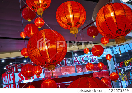 Vibrant Red Lanterns in Las Vegas Mall Eye-Level View Vibrant Red Lanterns in Las Vegas Mall Eye-Level View 124673299