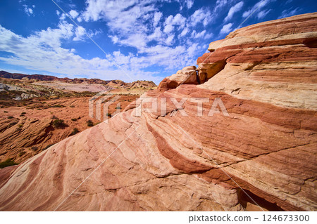 Red Rock Formations and Blue Sky in Valley of Fire Midday Perspective Red Rock Formations and Blue Sky in Valley of Fire Midday Perspective 124673300