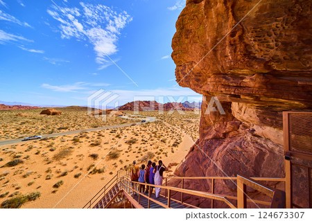 Valley of Fire Red Rocks and Desert Vista with Visitors at Overlook 124673307