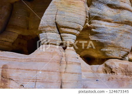 Sedimentary Rock Layers Desert Erosion Close-Up Perspective Sedimentary Rock Layers Desert Erosion Close-Up Perspective 124673345