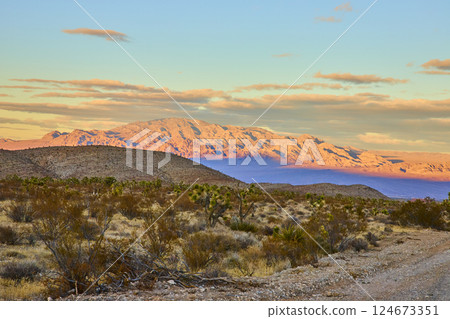Rugged Nevada Mountains at Sunset with Winding Path Low Perspective Rugged Nevada Mountains at Sunset with Winding Path Low Perspective 124673351