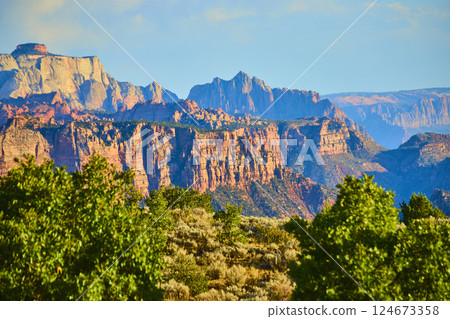Zion National Park Rugged Mountains at Golden Hour Eye-Level Perspective 124673358