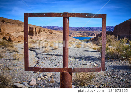 Desert Frame with Oasis View Ground Level Perspective Desert Frame with Oasis View Ground Level Perspective 124673365