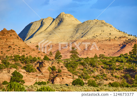 Majestic Sandstone Peaks at Golden Hour Zion National Park Eye Level View Majestic Sandstone Peaks at Golden Hour Zion National Park Eye Level View 124673377