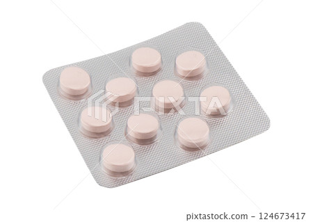 Pile of tablets pill in silver blister packaging isolated on white background. Aluminium foil blister pack. Pharmacy products. Medicine pills and drugs close up. Pills background Pile of tablets pill in silver blister packaging isolated on white background. Aluminium foil blister pack. Pharmacy products. Medicine pills and drugs close up. Pills background 124673417