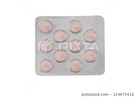 Pile of tablets pill in silver blister packaging isolated on white background. Aluminium foil blister pack. Pharmacy products. Medicine pills and drugs close up. Pills background Pile of tablets pill in silver blister packaging isolated on white background. Aluminium foil blister pack. Pharmacy products. Medicine pills and drugs close up. Pills background 124673418