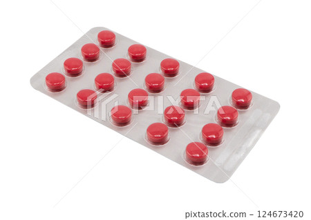 Pile of tablets pill in silver blister packaging isolated on white background. Aluminium foil blister pack. Pharmacy products. Medicine pills and drugs close up. Pills background Pile of tablets pill in silver blister packaging isolated on white background. Aluminium foil blister pack. Pharmacy products. Medicine pills and drugs close up. Pills background 124673420