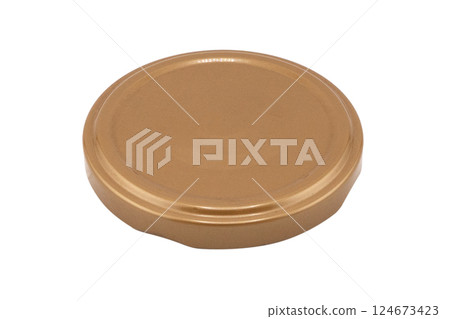 Top view of blank golden metal jar lid isolated on white background. Metal jar lid isolated on white Top view of blank golden metal jar lid isolated on white background. Metal jar lid isolated on white 124673423