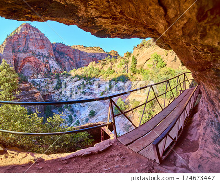Zion Canyon Red Rock Formations at Golden Hour with Elevated Walkway View 124673447