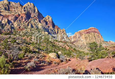 Red Rock Canyon Sandstone Cliffs with Winding Path Low Perspective Red Rock Canyon Sandstone Cliffs with Winding Path Low Perspective 124673450