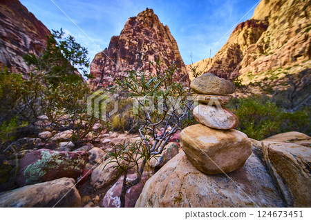 Cairn and Red Rock Canyon at Sunrise Eye Level View 124673451