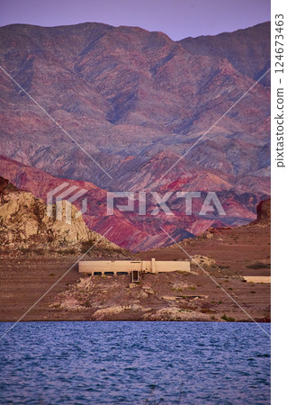 Desert Mountains and Lake Mead at Sunset with Eye-Level Perspective 124673463