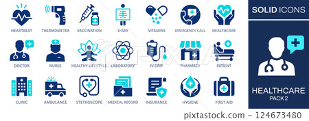 Healthcare icon set. Collection of nurse, IV drip, ambulance, doctor, and more. Vector illustration. Easily changes to any color. 124673480