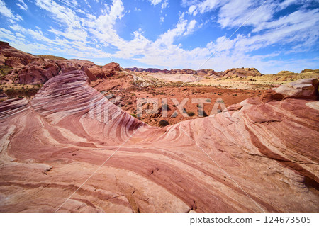Valley of Fire Sandstone Waves against Blue Sky Eye-Level View 124673505