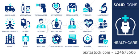 Healthcare icon set. Collection of medicine, doctor, clinic, health and more. Vector illustration. Easily changes to any color. Healthcare icon set. Collection of medicine, doctor, clinic, health and more. Vector illustration. Easily changes to any color. 124673506