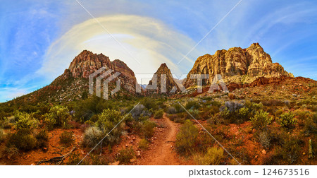 Red Rock Canyon Peaks and Desert Pathway Eye Level Panorama 124673516