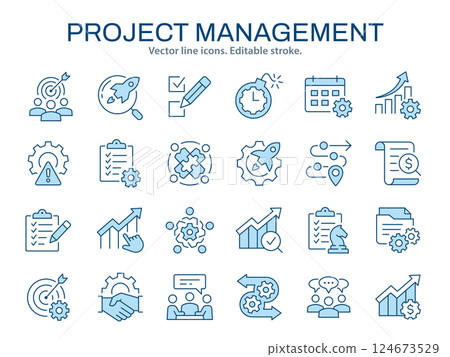 Project management icons, such as collaboration, growth chart, workflow, strategy, and more. Vector illustration isolated on white. Editable stroke. Project management icons, such as collaboration, growth chart, workflow, strategy, and more. Vector illustration isolated on white. Editable stroke. 124673529