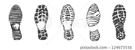 Shoe print boot, foot step silhouette mark. Boot Print textured, grunge. Mountain boot, hiking imprint. Shoe print boot, foot step silhouette mark. Boot Print textured, grunge. Mountain boot, hiking imprint. 124673538