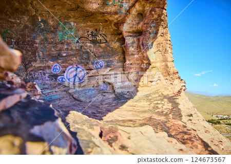 Peace Symbols on Sunlit Rock Graffiti in Desert Eye-Level View 124673567