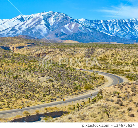 Aerial of Desert Road and Snow-Capped Mountains in Nevada 124673624