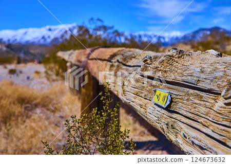 Rustic Fence and Snow-Capped Mountains in Motion Perspective Rustic Fence and Snow-Capped Mountains in Motion Perspective 124673632