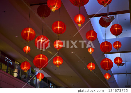 Vibrant Red Lanterns in Mall Festive Display Upward View 124673755