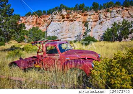 Vintage Red Tow Truck in Zion's Desert Landscape Eye-Level View Vintage Red Tow Truck in Zion's Desert Landscape Eye-Level View 124673765