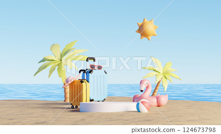 3D render, Summer beach vacation scene with empty podium for showing product, suitcases, flamingo float, and sun 3D render, Summer beach vacation scene with empty podium for showing product, suitcases, flamingo float, and sun 124673798