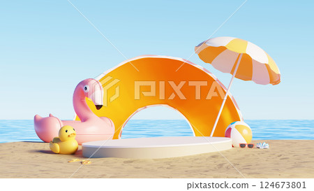 3D render, Summer Beach scene with empty display podium for showing product, flamingo float, umbrella, and orange inflatable ring 3D render, Summer Beach scene with empty display podium for showing product, flamingo float, umbrella, and orange inflatable ring 124673801