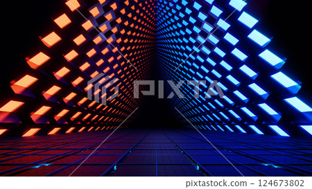 3d render, Abstract futuristic neon corridor with glowing red and blue cubes perspective background 3d render, Abstract futuristic neon corridor with glowing red and blue cubes perspective background 124673802