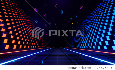 3d render, Abstract futuristic digital corridor with neon red and blue cubes and glowing shapes background 3d render, Abstract futuristic digital corridor with neon red and blue cubes and glowing shapes background 124673803