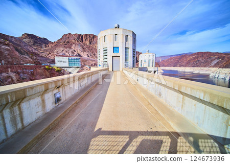 Hoover Dam Towers and Colorado River Contrast from Above 124673936