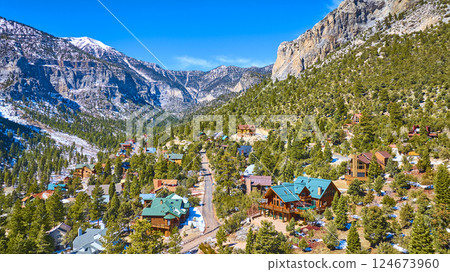 Aerial of Mt Charleston Cabins in Lush Forest Nevada 124673960