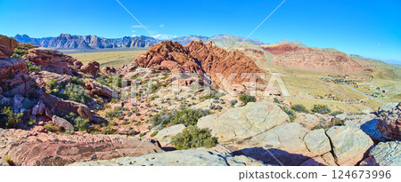 Red Rock Canyon Sandstone Formations Nevada Aerial Panorama Red Rock Canyon Sandstone Formations Nevada Aerial Panorama 124673996
