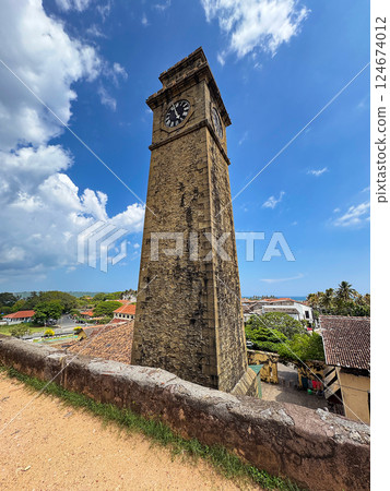 Clock tower in the old town of Galle, view from the top of the city walls, World Heritage Site Clock tower in the old town of Galle, view from the top of the city walls, World Heritage Site 124674012