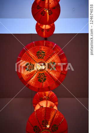 Illuminated Red Chinese Lanterns Vertical View from Below Illuminated Red Chinese Lanterns Vertical View from Below 124674038
