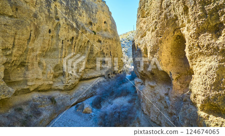 Aerial of Rugged Desert Slot Canyon Landscape in Nevada 124674065