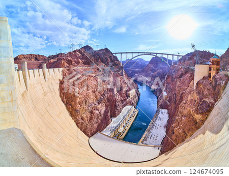 Hoover Dam and Colorado River with Memorial Bridge Panorama Hoover Dam and Colorado River with Memorial Bridge Panorama 124674095