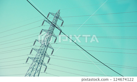 Image of high-voltage power line tower 124674122