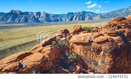 Aerial of Red Rock Canyon Sandstone and Desert Landscape Aerial of Red Rock Canyon Sandstone and Desert Landscape 124674131