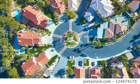 Aerial Top Down of Upscale Suburban Cul-de-Sac in Las Vegas 124674178