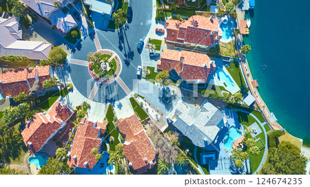 Aerial Top Down of Mediterranean-Style Neighborhood with Cul-De-Sac and Lagoon Aerial Top Down of Mediterranean-Style Neighborhood with Cul-De-Sac and Lagoon 124674235
